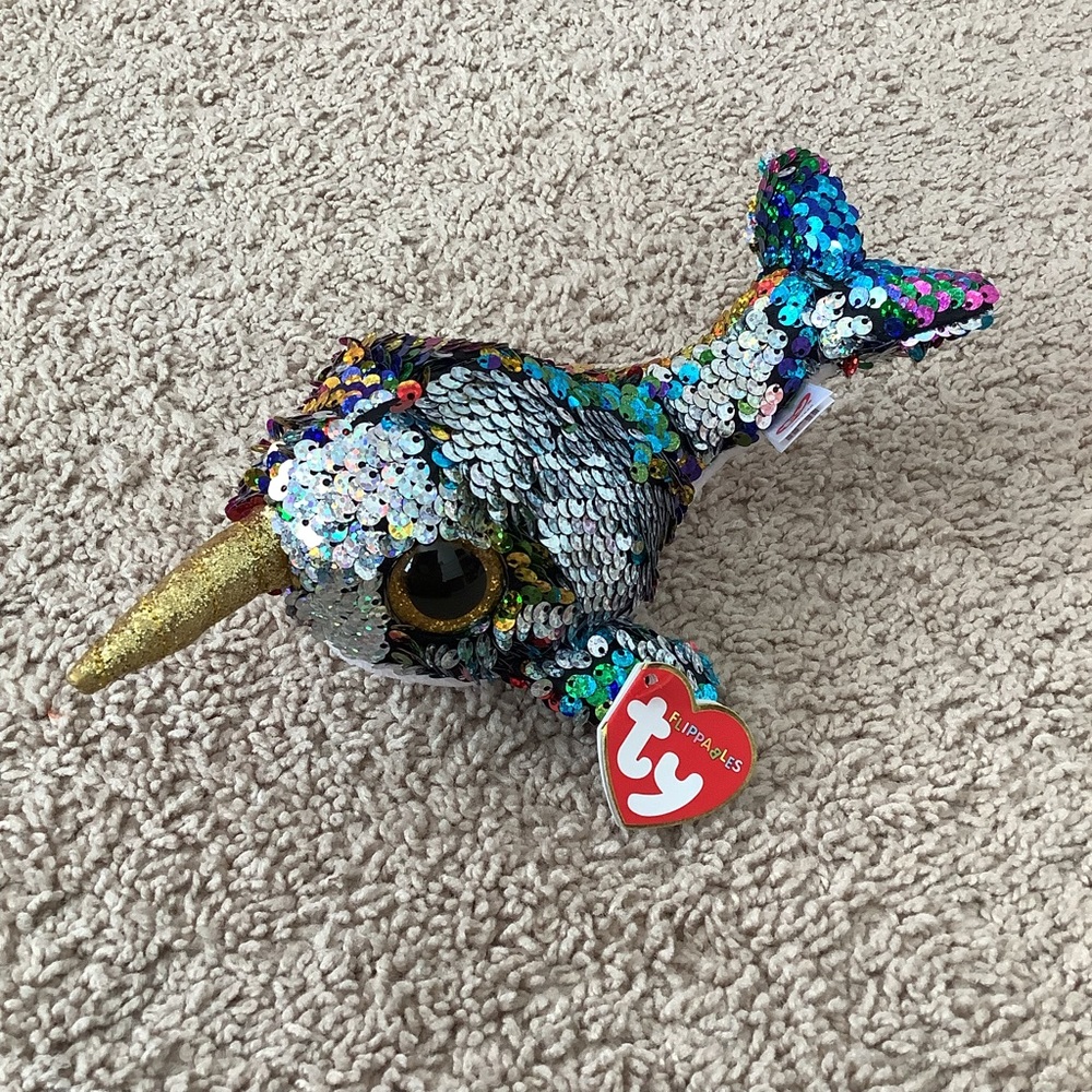 Ty Flippables Calypso Narwhal beanie stuffed animal | multicolored sequins